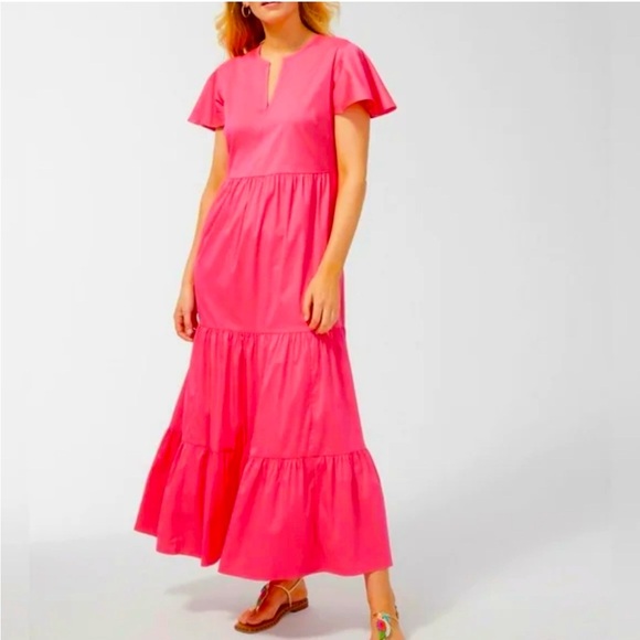 Chicos Bright Pink Short Tulip Sleeve Tiered Cotton Blend V Neck Maxi Dress - Picture 1 of 10
